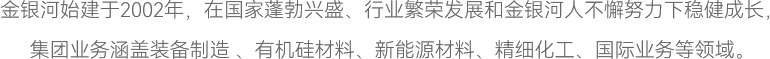 金銀河始建于2002年，在國(guó)家蓬勃興盛、行業(yè)繁榮發(fā)展和金銀河人不懈努力下穩(wěn)健成長(zhǎng)，
集團(tuán)業(yè)務(wù)涵蓋裝備制造 、有機(jī)硅材料、新能源材料、精細(xì)化工、國(guó)際業(yè)務(wù)等領(lǐng)域。